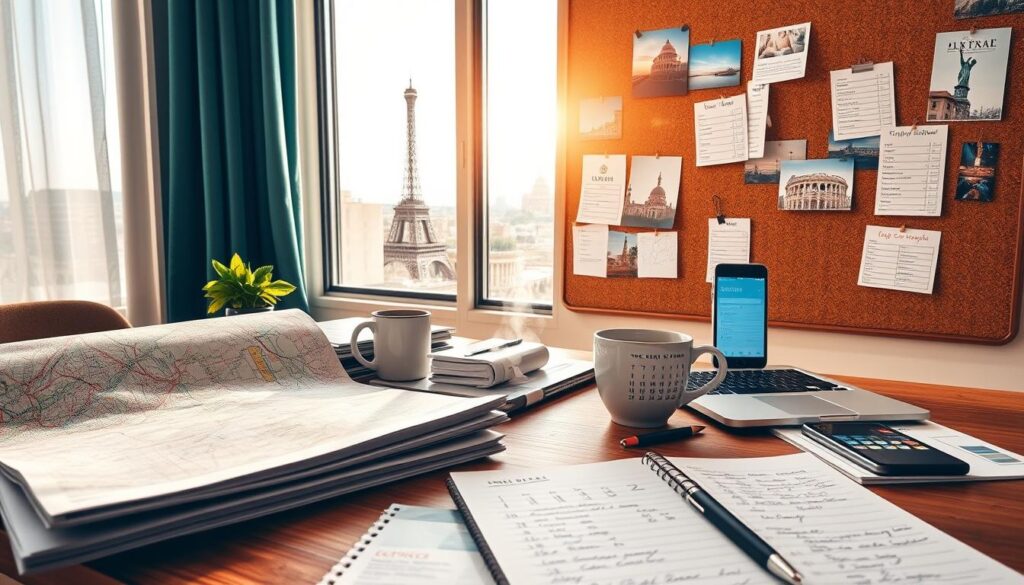 A well-organized travel planning scene featuring a stylish, modern workspace. In the foreground, a wooden desk cluttered with travel essentials: a neatly folded map, a travel guidebook, a laptop open to a flight search webpage, and a notepad filled with handwritten notes. A steaming cup of coffee sits next to a smartphone displaying a calendar app. In the middle, a travel-themed corkboard with pinned destination images and checklists for packing and itinerary planning. In the background, a sunlight-filled window showing a scenic view of famous travel landmarks like the Eiffel Tower and the Colosseum, enhancing the atmosphere of excitement and wanderlust. The lighting is warm and inviting, creating a productive yet relaxed mood perfect for organizing travel plans.