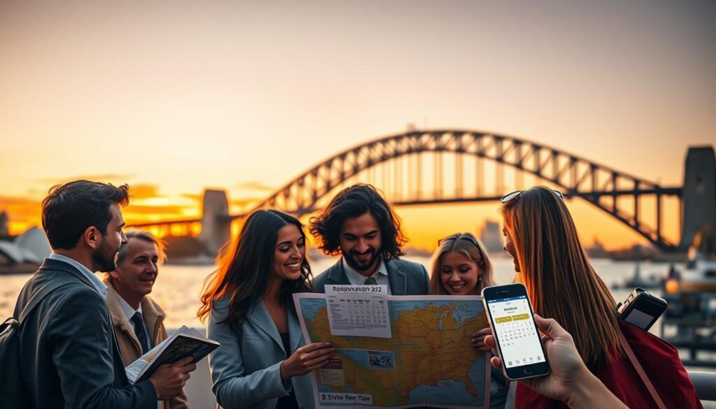 A well-organized travel planning scene for New Year's Eve in Sydney, featuring the iconic Harbour Bridge in the background. In the foreground, a diverse group of people dressed in smart casual attire is gathered around a map and digital devices, discussing their travel itinerary. Include a beautiful sunset lighting that casts warm orange and purple hues across the sky, symbolizing the excitement of approaching festivities. In the middle ground, elements like travel guides, a calendar marked with the date, and a smartphone displaying a reservation app can be seen. The atmosphere should be vibrant and optimistic, capturing the anticipation of celebrating the New Year in one of the world's most famous locations.