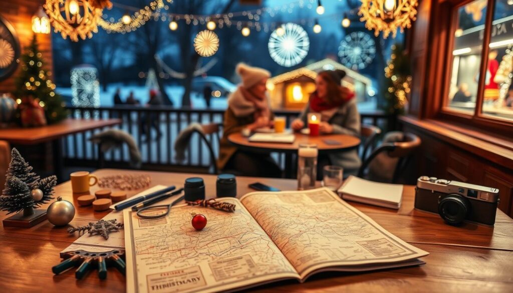A well-organized travel planning scene for a trip to the UK during the Christmas season, focusing on London’s Hyde Park Winter Wonderland and Victorian traditions. In the foreground, display an elegant travel itinerary spread open on a wooden table, surrounded by a vintage map of London, holiday-themed decorations, and travel essentials like a camera and a notepad. In the middle ground, depict a cozy café with people in modest winter attire discussing their plans over warm drinks, capturing the essence of collaboration and excitement. The background features softly lit festive decorations of Hyde Park, with twinkling fairy lights and the glimmer of holiday stalls, creating a magical and inviting atmosphere. Use warm, ambient lighting to enhance the cozy mood of this travel planning moment. A well-organized travel planning scene for a trip to the UK during the Christmas season, focusing on London’s Hyde Park Winter Wonderland and Victorian traditions. In the foreground, display an elegant travel itinerary spread open on a wooden table, surrounded by a vintage map of London, holiday-themed decorations, and travel essentials like a camera and a notepad. In the middle ground, depict a cozy café with people in modest winter attire discussing their plans over warm drinks, capturing the essence of collaboration and excitement. The background features softly lit festive decorations of Hyde Park, with twinkling fairy lights and the glimmer of holiday stalls, creating a magical and inviting atmosphere. Use warm, ambient lighting to enhance the cozy mood of this travel planning moment.
