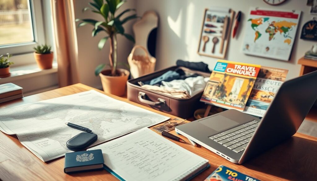 A well-organized travel planning scene set in a bright and inviting workspace. In the foreground, a wooden desk cluttered with travel essentials: a detailed map of international destinations, a notebook with handwritten notes, a stylish laptop, a passport, and a vibrant travel guidebook. In the middle ground, an open suitcase filled with neatly folded clothes and travel accessories. The background features a large window with soft natural light streaming in, illuminating a potted plant and a travel-themed wall calendar. The atmosphere is one of excitement and preparation, with a warm color palette that evokes a sense of adventure and optimism for summer travel. The scene is depicted from a slightly elevated angle, capturing the sense of a traveler immersed in the joy of organizing a trip.