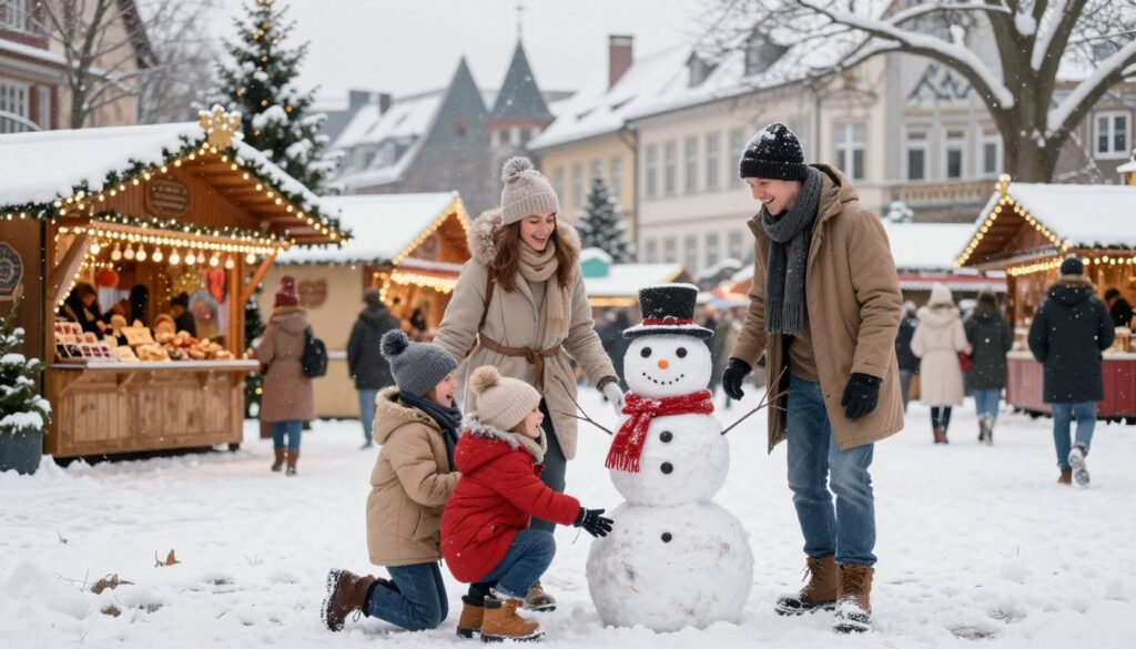 A winter family outing in Germany, featuring a cheerful family of four dressed in warm, stylish winter clothing as they stroll through a picturesque snow-covered park. In the foreground, the family is engaged in building a snowman, with laughter on their faces. The middle ground showcases a beautifully decorated Christmas market, with twinkling lights and colorful stalls selling seasonal treats. The background includes traditional German architecture partially obscured by falling snow, creating a cozy, inviting atmosphere. Soft, diffused daylight enhances the scene, highlighting the joyful mood. The angle captures an inviting perspective, making viewers feel as though they are part of the family experience.