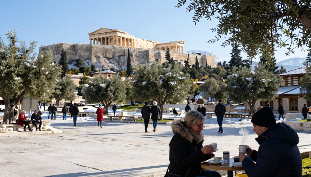 A winter scene in Greece showcasing a tranquil, sunlit square in Athens, surrounded by stunning ancient architecture like the Acropolis. In the foreground, a few visitors dressed in modest, warm clothing enjoy steaming cups of coffee, exuding a cozy atmosphere. The middle ground features olive trees dotted with light snow, adding a unique touch to the landscape, while locals stroll through, bundled against the mild chill. In the background, distant hills rise under a crisp blue sky, hinting at clarity typical of winter days. Soft sunlight casts gentle shadows, enhancing the warm yet cool ambiance, creating a peaceful and inviting mood. The perspective is slightly angled from below, emphasizing the grandeur of the ancient ruins against a clear winter sky. Perfect for illustrating the charm of Greece in January.