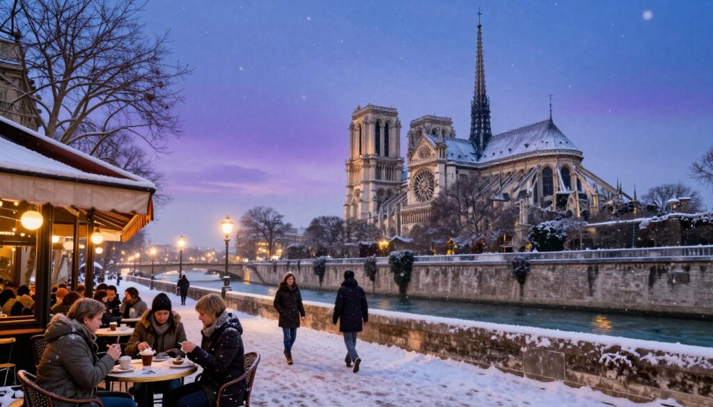 A winter scene in Paris featuring iconic attractions like the Eiffel Tower and Notre-Dame Cathedral, covered in a light dusting of snow. In the foreground, a cozy café with people in modest winter attire sipping hot chocolate. The middle ground shows couples strolling along the Seine River, illuminated by soft, warm streetlights. Snowflakes gently fall, adding a magical touch to the atmosphere. The background captures a twilight sky, blending shades of deep blue and soft purple, with twinkling stars visible. Use a wide-angle lens to capture the expanse of the scene, ensuring a high-quality, detailed rendering. The mood is inviting and romantic, perfect for winter vacations in the city of lights.