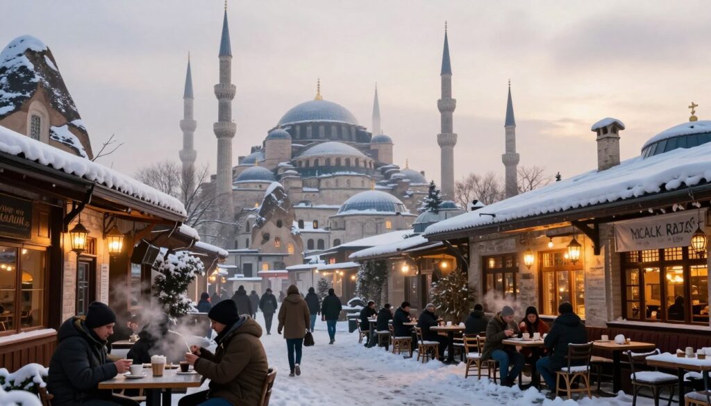A winter wonderland scene capturing the enchanting destinations of Istanbul and Cappadocia, Turkey in January. In the foreground, a cozy street lined with snow-dusted cafes, where people in modest casual clothing sip warm drinks, their breath visible in the cool air. In the middle ground, intricate Byzantine architecture and fairy chimneys rise, blanketed in white snow, with soft golden lights glowing from windows. The background showcases the iconic blue domes of a mosque partially shrouded in a gentle winter mist, under a pale sun casting soft, diffused light across the snowy landscape. The atmosphere is serene and magical, evoking a sense of wonder and exploration in a picturesque winter setting.