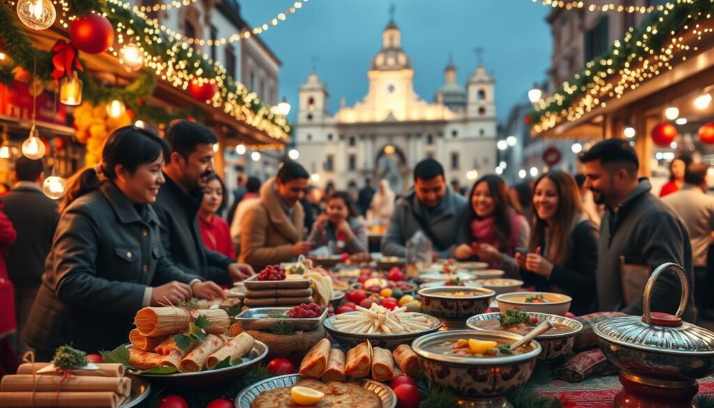 An inviting scene of traditional Mexican Christmas gastronomy set in a vibrant market in Mexico City. In the foreground, a richly adorned table displays an array of festive dishes, including tamales, pozole, and sweet pan de muerto, beautifully garnished with fresh herbs and colorful fruits. The middle ground features cheerful families enjoying the food, dressed in modest casual clothing, sharing laughter and joy. Warm, golden lights surround the vibrant stalls, creating a cozy atmosphere. In the background, the iconic Zócalo is illuminated with twinkling lights, showcasing the majestic colonial architecture. The mood is festive and communal, emphasizing the joy of sharing food during the holiday season. The scene is captured in a slightly elevated angle, providing a comprehensive view of the joyous celebration.