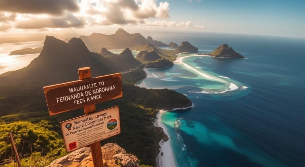Dramatic aerial view of Fernando de Noronha's pristine archipelago, with lush green hills, azure waters, and white sand beaches. In the foreground, a signpost highlights mandatory environmental fees and entrance to the National Marine Park. The scene conveys a sense of careful preservation, with visitors mindful of their impact on this natural wonder. Warm, golden sunlight illuminates the scene, creating a serene, contemplative mood. The camera angle emphasizes the scale and grandeur of this protected island paradise, inviting the viewer to explore its treasures responsibly.
