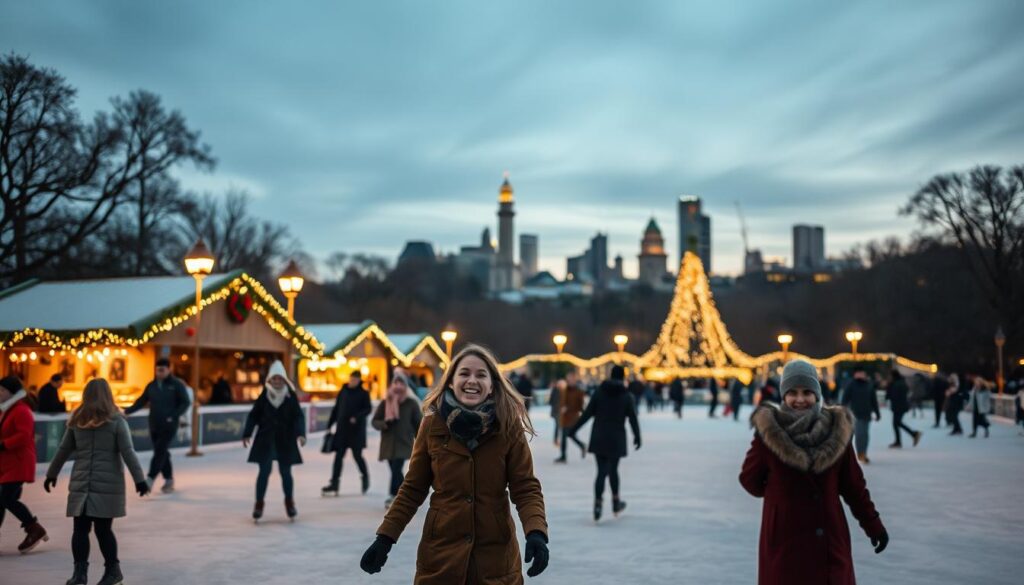 In the foreground, a lively ice skating rink in Hyde Park, London, bustling with people of diverse backgrounds enjoying the festive atmosphere. Skaters wearing modest winter attire glide gracefully across the ice, some laughing with joy. In the middle ground, charming Victorian-style market stalls adorned with warm fairy lights and festive decorations hint at a seasonal market, while families sip hot chocolate and admire handmade ornaments. The background features the iconic London skyline at twilight, with a soft golden glow illuminating the scene, casting playful reflections on the ice. Use a warm, inviting color palette and soft lighting to capture the magical ambiance of a winter wonderland, with a slight bokeh effect to emphasize the mood of celebration and community. In the foreground, a lively ice skating rink in Hyde Park, London, bustling with people of diverse backgrounds enjoying the festive atmosphere. Skaters wearing modest winter attire glide gracefully across the ice, some laughing with joy. In the middle ground, charming Victorian-style market stalls adorned with warm fairy lights and festive decorations hint at a seasonal market, while families sip hot chocolate and admire handmade ornaments. The background features the iconic London skyline at twilight, with a soft golden glow illuminating the scene, casting playful reflections on the ice. Use a warm, inviting color palette and soft lighting to capture the magical ambiance of a winter wonderland, with a slight bokeh effect to emphasize the mood of celebration and community.