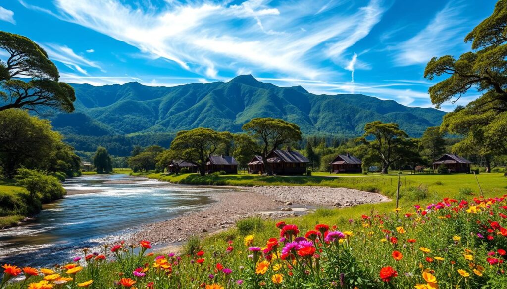 Lush green mountains of Serra Catarinense in Urubici, Brazil, dominate the background, their peaks kissed by wispy clouds under a bright blue sky. In the foreground, a tranquil river winds through vibrant wildflowers, with patches of sunlight dancing on the water’s surface. Majestic Araucaria trees rise in clusters, framing the scene and emphasizing the region's natural beauty. The middle ground features quaint, rustic wooden cabins that blend seamlessly into the landscape, suggesting a spirit of warmth and welcome. This idyllic setting captures a peaceful, serene atmosphere, inviting viewers to connect with nature. Use soft, diffused lighting to create a warm, inviting mood, mimicking the time just before sunset for rich, golden hues. The scene should be composed with a wide-angle perspective to showcase the breathtaking expanse of this unique destination.