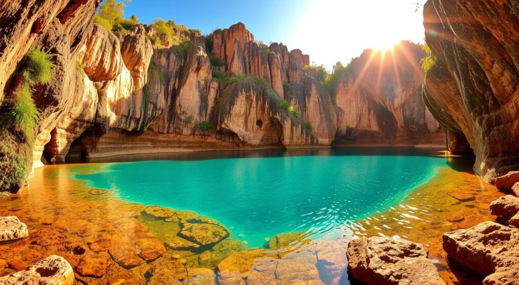 Poço Encantado, a mesmerizing natural wonder nestled within the lush landscapes of Chapada Diamantina, Brazil. Capture the serene turquoise waters glistening beneath the warm, golden sunlight, casting a captivating reflection upon the surrounding rock formations. Towering cliffs of weathered sandstone rise majestically, their intricate patterns and hues revealing the passage of time. Verdant vegetation clings to the edges, adding a vibrant touch to the serene scene. Use a wide-angle lens to convey the grand scale and depth of this enchanting natural pool, inviting the viewer to imagine the tranquility and wonder of this enchanting corner of the world.