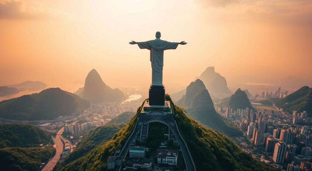 Towering Cristo Redentor statue overlooking the bustling cityscape of Rio de Janeiro, Brazil. Dramatic golden light illuminates the iconic figure, arms outstretched in a welcoming embrace. The sweeping Sugarloaf Mountain and lush, verdant hills form the stunning natural backdrop. Vibrant skies with a soft haze create an ethereal, serene atmosphere. Capture this breathtaking scene through a wide-angle lens, framing the statue and city in perfect harmony. Evoke a sense of awe and reverence for this world-renowned landmark, a symbol of Rio's rich culture and history.