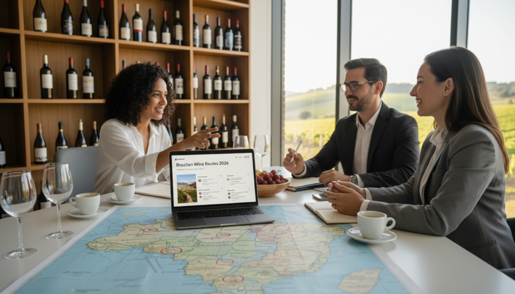 A beautifully arranged table set for a wine travel planning session in a cozy, modern office. In the foreground, there are elegant wine glasses, a map of Brazil featuring major wine regions, and a laptop displaying wine routes. In the middle, a diverse group of three professionals in business attire discussing logistics, with one pointing at the map and another taking notes. The background is softly blurred, showcasing shelves filled with bottles of wine and a lush vineyard visible through a large window, illuminated by warm sunlight. The atmosphere conveys excitement and collaboration, emphasizing the theme of wine tourism planning in Brazil for 2026.