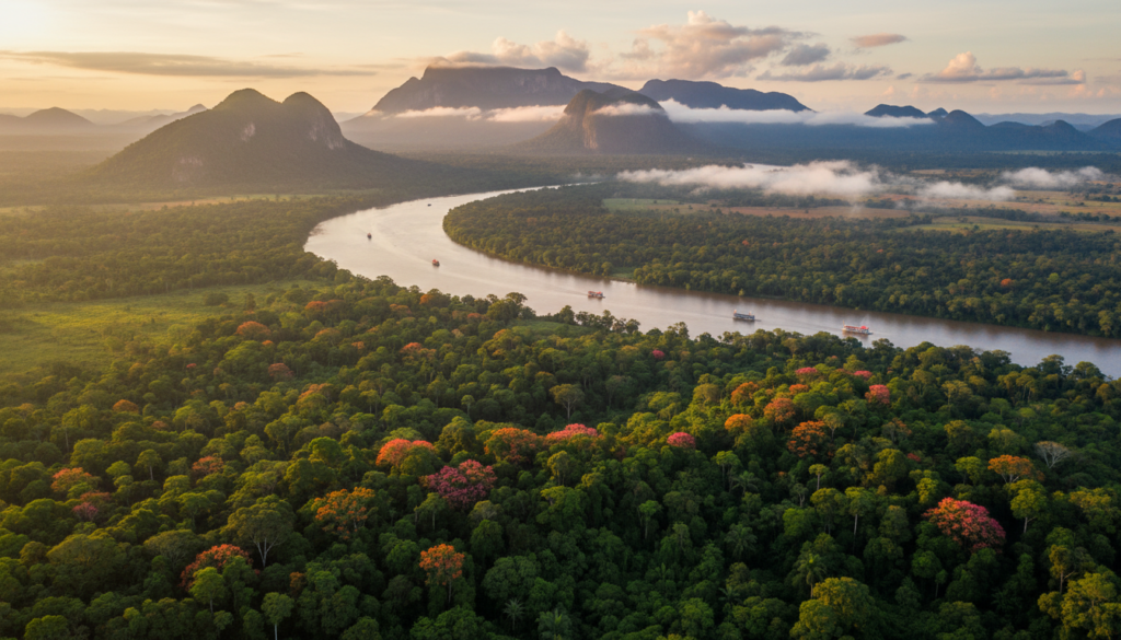 A breathtaking aerial view captured by a drone showcasing the stunning landscapes of Brazil. In the foreground, vibrant green rainforest canopy unfolds, interspersed with colorful wildflowers. The middle ground reveals a winding river glistening under the golden sunlight, with small boats gently navigating its waters. In the background, dramatic mountains rise, their peaks shrouded in soft, ethereal clouds. The atmosphere is serene and peaceful, evoking a sense of adventure and exploration. The lighting is warm and inviting, reminiscent of early morning or late afternoon, casting soft shadows across the terrain. The perspective is dynamic and engaging, emphasizing the beauty of Brazil’s natural wonders, making it a perfect illustration for photography tourism.