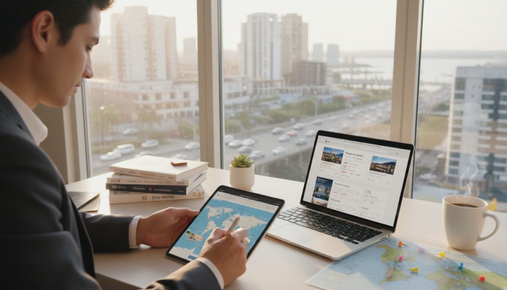 A bright, modern workspace designed for digital travel planning, featuring a sleek laptop open to a travel website with budget options. In the foreground, a person in professional attire is focused on the screen, taking notes on a digital tablet. The middle of the image showcases an organized desk with travel guides, maps, and a cup of coffee, symbolizing careful planning. In the background, a large window reveals a scenic view of a bustling cityscape, signifying travel opportunities. The overall mood is bright and optimistic, complemented by natural light streaming in. The angle captures the workspace from a slightly elevated perspective, emphasizing the tools of digital planning without any distractions or text overlays.