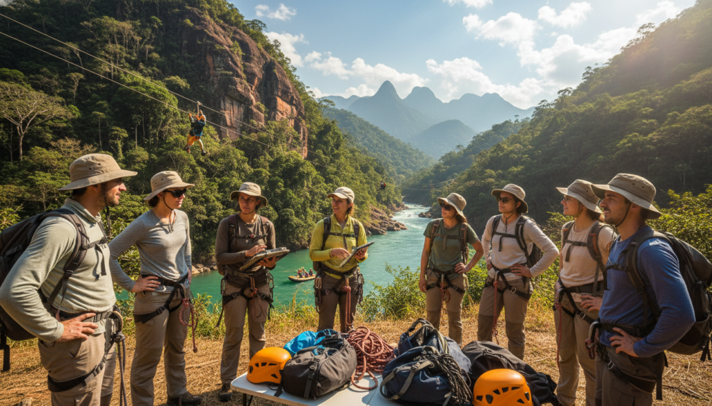 A captivating scene showcasing adventure tourism logistics in Brazil. In the foreground, a diverse group of individuals in modest casual clothing, including a guide explaining a hiking route on a digital tablet. The middle ground features vibrant landscapes with lush greenery, rugged mountains, and a winding river, illustrating various adventure activities such as rock climbing and zip-lining. In the background, a clear blue sky filled with soft clouds enhances the sense of exploration. The lighting is bright and natural, simulating a sunny day, while a wide-angle lens captures the expansive beauty of the environment. The overall mood conveys excitement and the thrill of adventure, emphasizing teamwork and planning in logistical coordination.