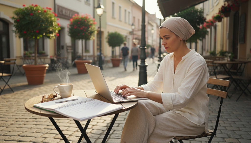 A cozy café setting, featuring a solo female traveler in modest casual clothing seated at a small outdoor table, reviewing her travel budget on a laptop. In the foreground, a cup of steaming coffee and a notepad filled with travel tips and budget notes are visible. The middle ground shows the traveler intently focused, with sunlight casting a warm glow on her face, suggesting a sense of concentration and calm. The background reveals charming street scenery, with trees and quaint buildings, creating a vibrant and inviting atmosphere. The lighting is soft, evoking a peaceful morning vibe, captured from a slightly elevated angle to emphasize the table's details and the traveler’s engagement with her planning. A cozy café setting, featuring a solo female traveler in modest casual clothing seated at a small outdoor table, reviewing her travel budget on a laptop. In the foreground, a cup of steaming coffee and a notepad filled with travel tips and budget notes are visible. The middle ground shows the traveler intently focused, with sunlight casting a warm glow on her face, suggesting a sense of concentration and calm. The background reveals charming street scenery, with trees and quaint buildings, creating a vibrant and inviting atmosphere. The lighting is soft, evoking a peaceful morning vibe, captured from a slightly elevated angle to emphasize the table's details and the traveler’s engagement with her planning.