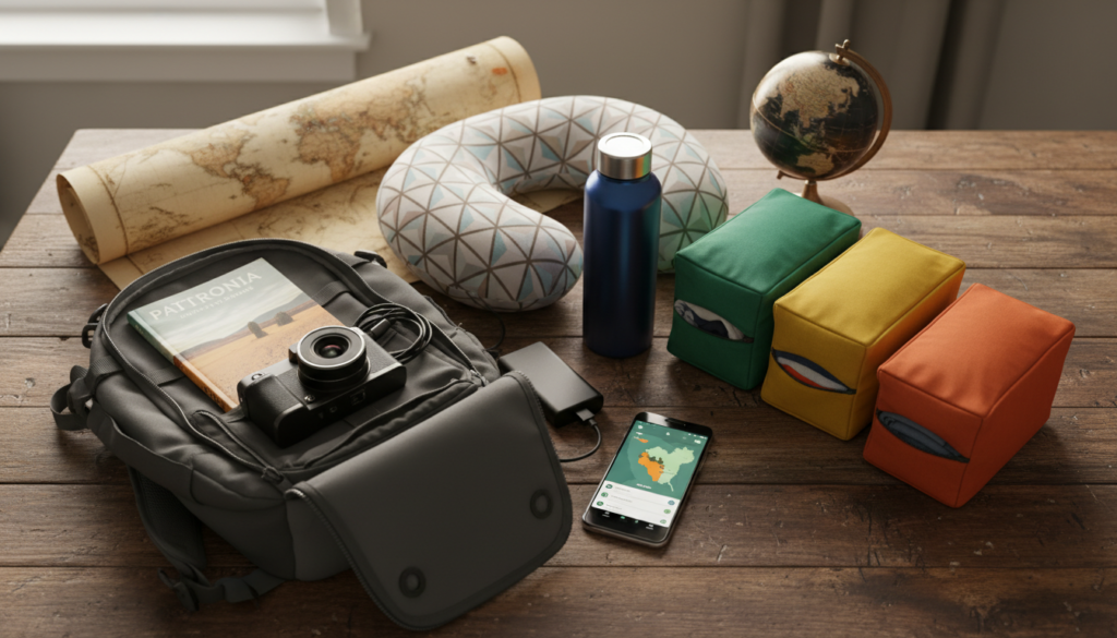 A flat lay arrangement showcasing practical travel essentials for adventurers. In the foreground, a neatly organized backpack filled with travel gear, including a compact camera, a portable charger, and a travel guidebook. Beside it, an open smartphone displaying a travel app interface with destination suggestions and maps. The middle ground features a stylish water bottle, a travel pillow, and a set of packing cubes in vibrant colors. In the background, a subtly blurred world map and a globe, hinting at the exploration theme. Soft, warm lighting creates an inviting atmosphere, and the composition is captured from a slightly elevated angle to highlight the items effectively. The overall mood is inspirational and informative, aimed at encouraging travel planning and adventure.