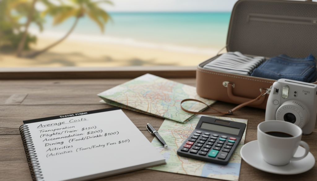 A flat lay image showcasing a detailed travel budget plan for a weekend getaway. In the foreground, display a neatly arranged notebook with handwritten notes on average costs, including transportation, accommodation, dining, and activities. Include a calculator and a cup of coffee to suggest a thoughtful budgeting session. In the middle ground, lay out travel essentials like a map, a suitcase partially open revealing clothing, and a camera to represent adventure. In the background, a blurred image of a scenic destination, such as a beach or mountain, is visible, suggesting the allure of travel. Soft natural lighting highlights the items, creating a warm and inviting atmosphere, while a shallow depth of field keeps the focus on the budget elements.
