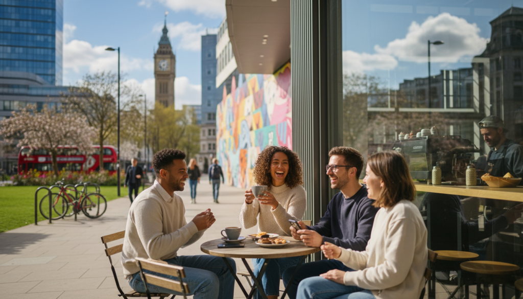 A modern, stylish travel scene depicting short weekend getaways, showcasing a diverse group of friends in comfortable, casual clothing as they explore a bustling city vibe. In the foreground, they are enjoying a cozy café, sipping coffee and laughing together. In the middle ground, iconic landmarks reflect the essence of urban tourism, with vibrant street art and lush green parks giving a sense of exploration. The background features a bright blue sky with fluffy clouds, hinting at beautiful weather and adventure. Soft, natural lighting enhances the relaxed atmosphere, while a slight lens blur adds a professional touch. The overall mood is cheerful and optimistic, reflecting the future trends of short travel experiences.