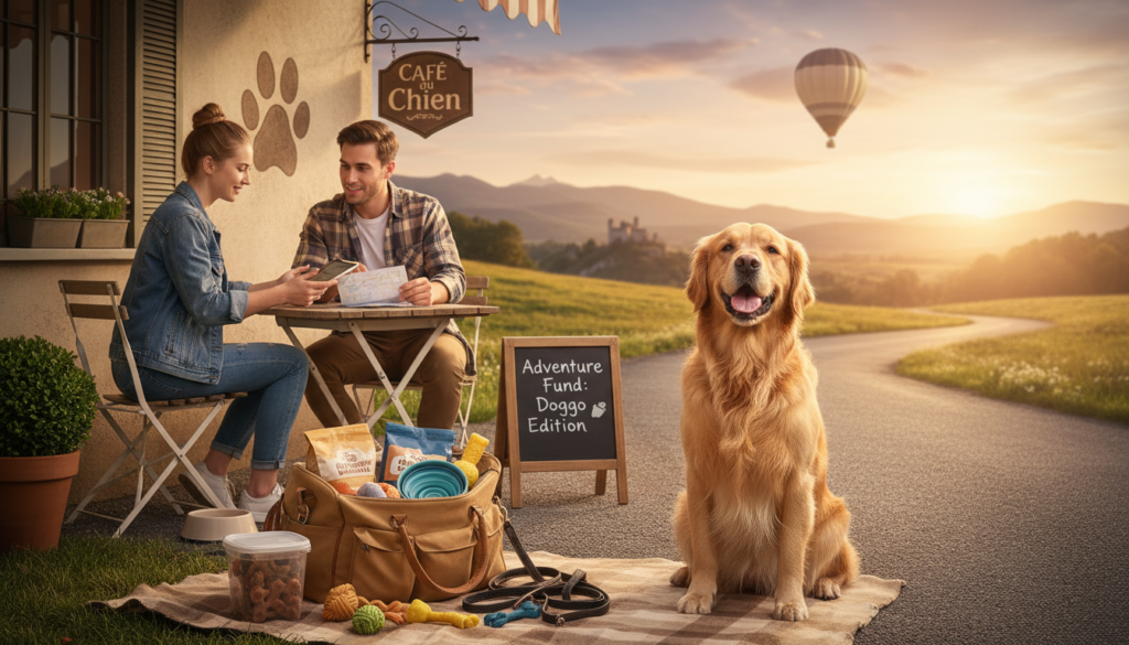 A picturesque scene depicting the costs of traveling with a dog. In the foreground, a cheerful golden retriever sits next to a well-organized travel bag filled with dog essentials like food, water, and toys. In the middle ground, a young couple, dressed casually but neatly, review a travel itinerary while seated at an outdoor café, surrounded by pet-friendly décor. The background features a scenic road leading to a beautiful landscape, suggesting popular pet-friendly travel destinations. Soft, warm lighting casts a cozy ambiance, with a sunrise illuminating the sky in soft oranges and pinks. The overall mood conveys excitement and determination for a budget-friendly adventure with a beloved pet.