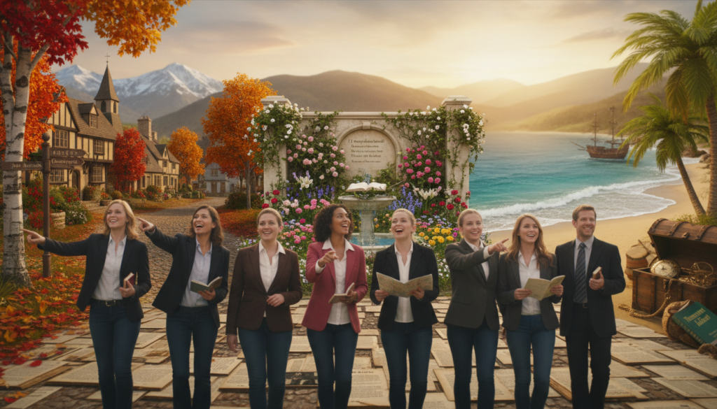 A picturesque scene depicting various literary landscapes during different seasons, showcasing the beauty of literary tourism. In the foreground, a group of travelers, dressed in professional business attire and modest casual clothing, animatedly exploring classic book settings. In the middle ground, capture vibrant autumn leaves around a quaint village reminiscent of a famous literary locale, a spring bloom in a garden inspired by poetry, and a summer beach scene representing adventure novels. The background features a gentle sunset over rolling hills, casting a warm golden light, while hints of snow suggest winter’s quiet charm. Use a soft focus lens to create an inviting atmosphere, evoking a sense of nostalgia and inspiration.