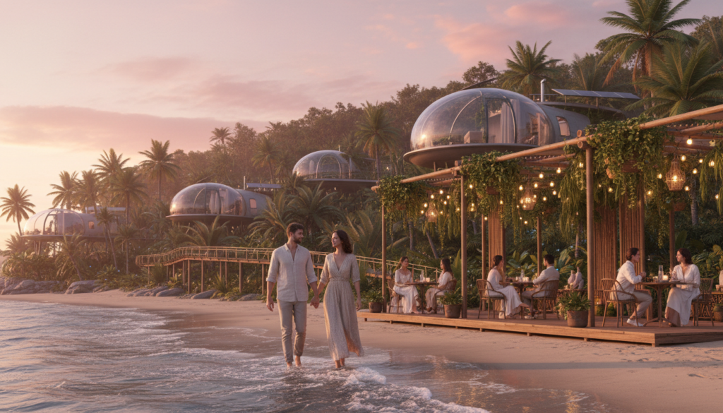 A picturesque scene representing future trends in romantic tourism for 2026. In the foreground, a couple dressed in chic yet modest casual attire stroll hand-in-hand along a serene beach at sunset, with soft pink and orange hues illuminating their faces. The middle ground features a stylish outdoor café adorned with twinkling lights and lush greenery, where other couples enjoy intimate moments. In the background, futuristic eco-friendly accommodations, like glass villas blending harmoniously with nature, are subtly visible. The soft, golden lighting captures a warm, dreamy atmosphere, evoking peace and romance. The setting conveys a vision of sustainable traveling, illustrating interconnectedness with nature and a sense of discovery in romantic getaways. The angle is slightly elevated, offering a balanced view of the scene while maintaining a focus on the couple's connection.