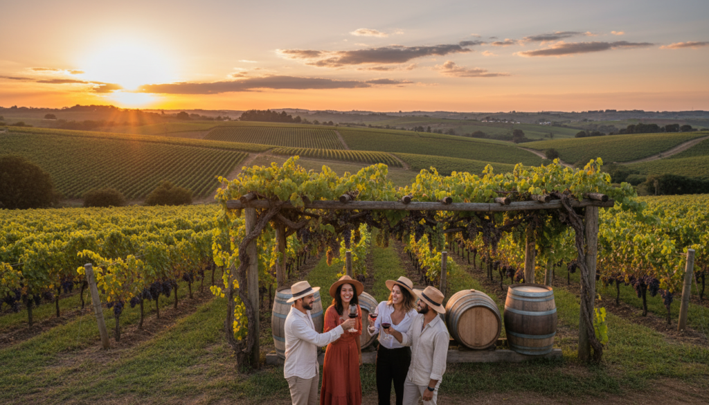 A picturesque vineyard landscape in Brazil, showcasing rolling hills covered in lush grapevines, with colors ranging from deep green to vibrant purple. In the foreground, a group of travelers in elegant yet casual outfits casually raise glasses of wine, smiling and enjoying the moment. The middle ground features rustic barrels lined under a charming wooden pergola, adorned with cascading vines and clusters of grapes. The background reveals a stunning sunset casting warm golden and orange hues across the sky, creating an inviting atmosphere. Soft, diffused lighting enhances a tranquil mood, inviting viewers to experience the allure of wine culture. Use a wide-angle lens to capture the sweeping beauty of the scene and emphasize the connection between the people and the vineyard.
