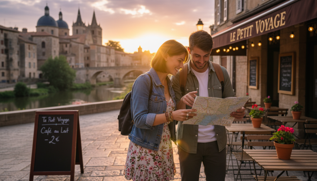 A scenic image of a couple exploring an enchanting destination, showcasing romance and economic travel. In the foreground, a couple in modest casual clothing exchanges smiles while holding a travel guide and a map, looking at local attractions with excitement. In the middle, a quaint café with inviting outdoor seating and charming decor, lightly adorned with flower pots. The background features a picturesque landscape, such as a beautiful sunset over historic architecture or lush greenery, suggesting a peaceful atmosphere. Soft, warm lighting enhances the couple's joyful expressions, with a slight bokeh effect to emphasize intimacy. The overall mood should be uplifting and inspiring, reflecting the spirit of a romantic getaway while being budget-conscious.