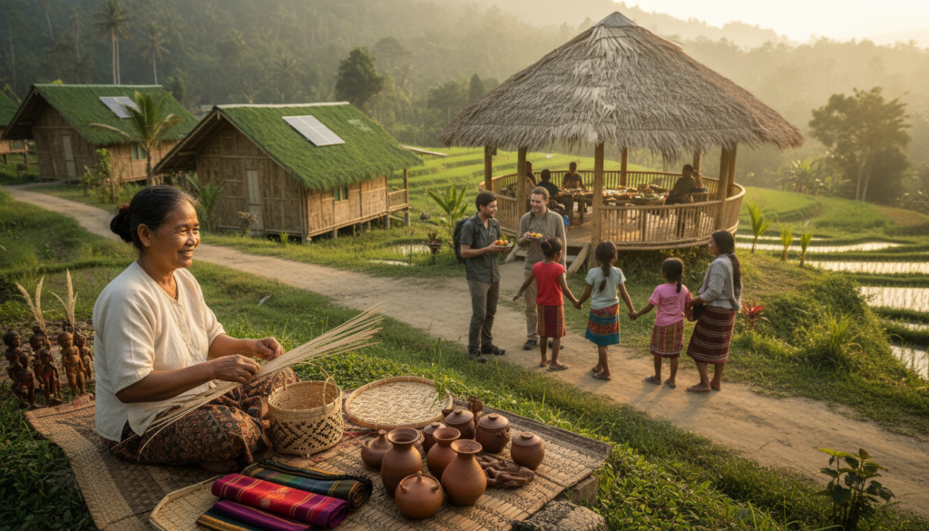 A serene eco-tourism scene depicting local culture and sustainability in travel. In the foreground, a local artisan in modest casual clothing demonstrates traditional craftsmanship, surrounded by handmade goods and vibrant textiles. In the middle ground, travelers engage respectfully with the community, tasting local foods and participating in cultural rituals. The background features lush green landscapes and sustainable accommodations, such as eco-friendly lodges blending harmoniously with nature. Soft, warm lighting suggests a golden hour, enhancing the inviting atmosphere. Capture the image from a slightly elevated angle, emphasizing the connection between travelers and locals. The overall mood should be warm, inviting, and reflective of a deep appreciation for cultural exchange and sustainable practices in tourism. A serene eco-tourism scene depicting local culture and sustainability in travel. In the foreground, a local artisan in modest casual clothing demonstrates traditional craftsmanship, surrounded by handmade goods and vibrant textiles. In the middle ground, travelers engage respectfully with the community, tasting local foods and participating in cultural rituals. The background features lush green landscapes and sustainable accommodations, such as eco-friendly lodges blending harmoniously with nature. Soft, warm lighting suggests a golden hour, enhancing the inviting atmosphere. Capture the image from a slightly elevated angle, emphasizing the connection between travelers and locals. The overall mood should be warm, inviting, and reflective of a deep appreciation for cultural exchange and sustainable practices in tourism.