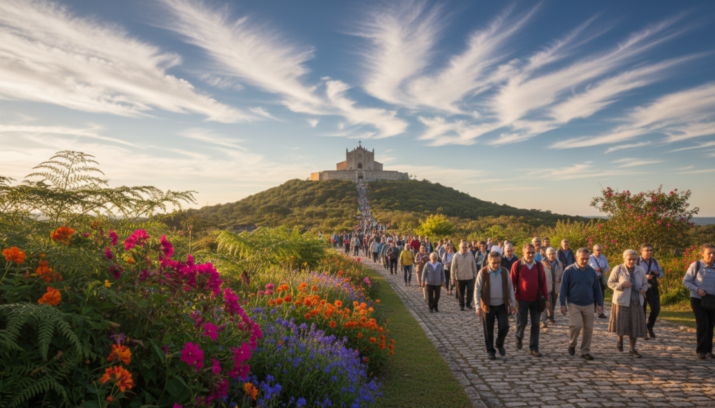 A serene landscape depicting a religious pilgrimage during its peak season, featuring a diverse group of individuals dressed in modest casual clothing, walking together along a scenic path. In the foreground, vibrant flowers and green foliage create a welcoming atmosphere. The middle ground showcases a majestic sanctuary nestled atop a hill, bathed in warm golden light of the late afternoon sun, with soft, inviting shadows enhancing its beauty. In the background, a clear blue sky fills with ethereal clouds, symbolizing hope and spirituality. The entire scene conveys a sense of peace, unity, and reverence, emphasizing the transformative essence of religious tourism in Brazil during its most pivotal seasons. The composition captures a wide-angle view, evoking connection and emotion through the journey of faith.