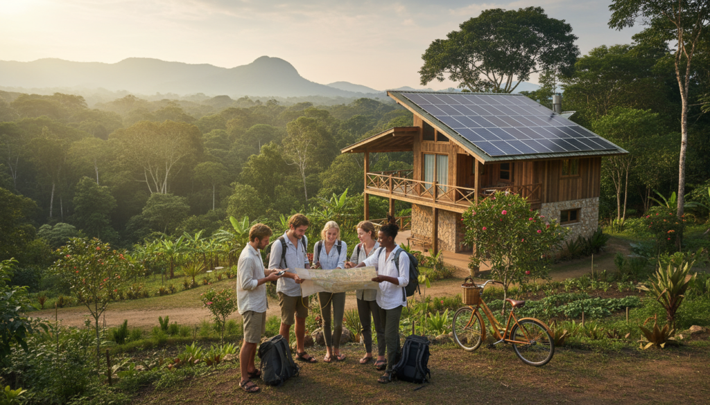 A serene landscape depicting sustainable travel in Brazil, with eco-friendly elements prominently featured. In the foreground, showcase a diverse group of travelers dressed in modest casual clothing, examining a map and discussing their travel plans. In the middle ground, a picturesque eco-lodge sits harmoniously amid lush greenery, with solar panels on the roof and a bicycle parked nearby. The background reveals a vibrant rainforest and distant mountains, illuminated by soft, warm sunlight filtering through the branches. The scene captures a sense of adventure and responsibility, highlighting the beauty of eco-conscious travel. Use a wide-angle lens to emphasize the expansive view, ensuring a bright and inviting atmosphere.