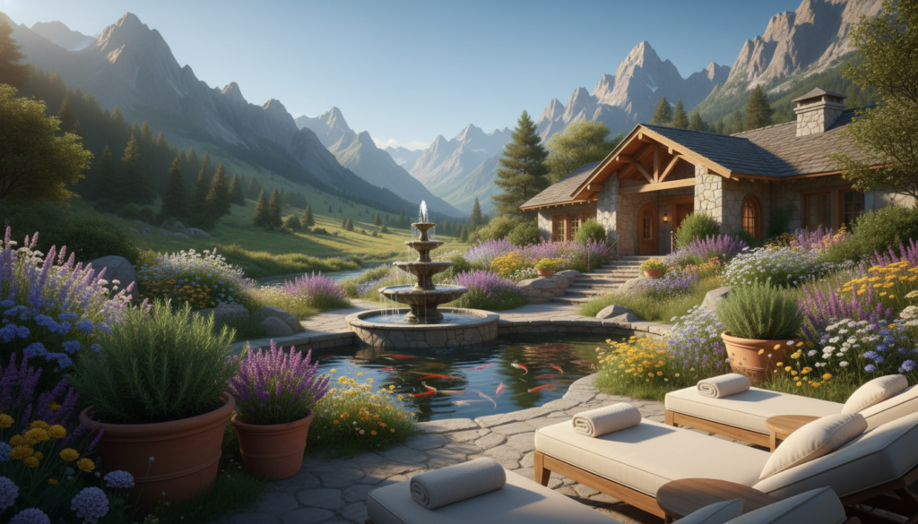 A serene landscape depicting the best times for wellness travel in 2026, featuring a tranquil spa retreat nestled in a lush green valley. In the foreground, a relaxing outdoor area with comfortable lounge chairs and aromatic plants, suggesting an atmosphere of peace. The middle ground showcases a quaint wellness center with soothing water features, surrounded by colorful flowers in bloom. The background contains majestic mountains under a bright, clear sky, evoking a sense of escape and tranquility. Soft, warm sunlight filters through the scene, creating vibrant lighting and casting gentle shadows. The mood is calming and rejuvenating, inviting viewers to imagine their perfect wellness getaway. No people in the scene.