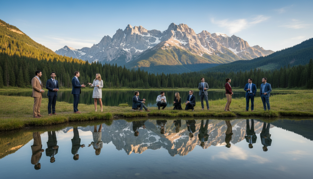A serene landscape showcasing transformative travel destinations, featuring a picturesque mountain range in the background under a bright blue sky. In the foreground, a calm lake reflects the mountain's majesty, with lush greenery lining its shores. A diverse group of people, dressed in professional business attire and modest casual clothing, engage in meaningful conversations near the water, symbolizing personal growth and connection. Soft, warm lighting bathes the scene, creating a welcoming atmosphere. A wide-angle perspective captures the depth of the landscape, emphasizing the journey's potential for transformation. The overall mood is inspiring and hopeful, inviting viewers to explore the power of purposeful travel.