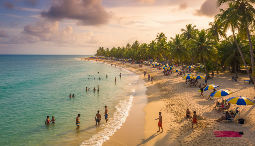 A serene travel landscape illustrating the best seasons to visit Brazil, featuring a vibrant tropical beach in the foreground with crystal-clear water and golden sand. Families and friends in modest casual clothing are enjoying a sunny day, playing beach games and relaxing under colorful umbrellas. In the middle ground, lush green palm trees sway gently in the breeze, symbolizing the tropical climate. The background showcases a stunning sunset with warm hues of orange and pink, casting a soft, inviting light across the scene. Capture the mood of enjoyment and tranquility, highlighting the beauty of nature. Use a wide-angle lens for a dynamic perspective and ensure the lighting reflects the warm, inviting atmosphere of ideal travel times in Brazil.