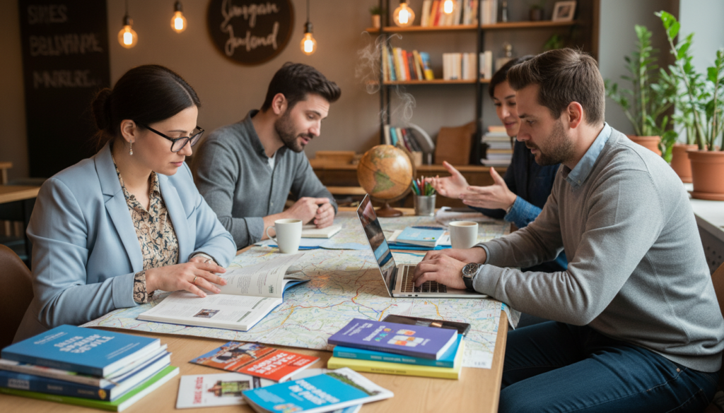 A serene travel planning scene depicting a diverse group of adults engaged in a vibrant discussion about language learning trips. In the foreground, two individuals, a woman with glasses reviewing a travel guide and a man with a laptop open, both in smart casual attire, are examining maps and brochures. In the middle ground, a large map and travel brochures are spread across a table, showcasing various destinations. A globe and language books are nearby, emphasizing the study aspect. The background features soft lighting, suggesting a cozy café or workspace atmosphere, with warm tones and plants adding to the ambiance. The image conveys a sense of excitement and collaboration, capturing the essence of planning an enriching travel experience focused on language learning.
