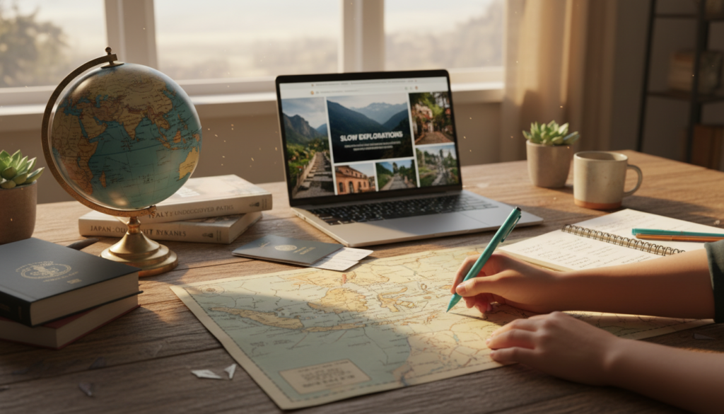 A serene travel planning scene set on a wooden table, featuring detailed maps, travel guides, and a stylish laptop displaying slow travel resources. In the foreground, a pair of hands gently tracing a map with a colorful pen, while a world globe sits nearby, symbolizing exploration. In the middle ground, neatly organized travel documentation, including itineraries and cozy notebooks filled with notes. In the background, a soft, warm light filters through a window, creating an inviting atmosphere. The mood is calm and thoughtful, reflecting the philosophy of slow travel. Color palette is earthy and natural, enhancing the sense of connection to one's surroundings. The image should evoke the excitement and mindfulness of planning a slow travel adventure. A serene travel planning scene set on a wooden table, featuring detailed maps, travel guides, and a stylish laptop displaying slow travel resources. In the foreground, a pair of hands gently tracing a map with a colorful pen, while a world globe sits nearby, symbolizing exploration. In the middle ground, neatly organized travel documentation, including itineraries and cozy notebooks filled with notes. In the background, a soft, warm light filters through a window, creating an inviting atmosphere. The mood is calm and thoughtful, reflecting the philosophy of slow travel. Color palette is earthy and natural, enhancing the sense of connection to one's surroundings. The image should evoke the excitement and mindfulness of planning a slow travel adventure.
