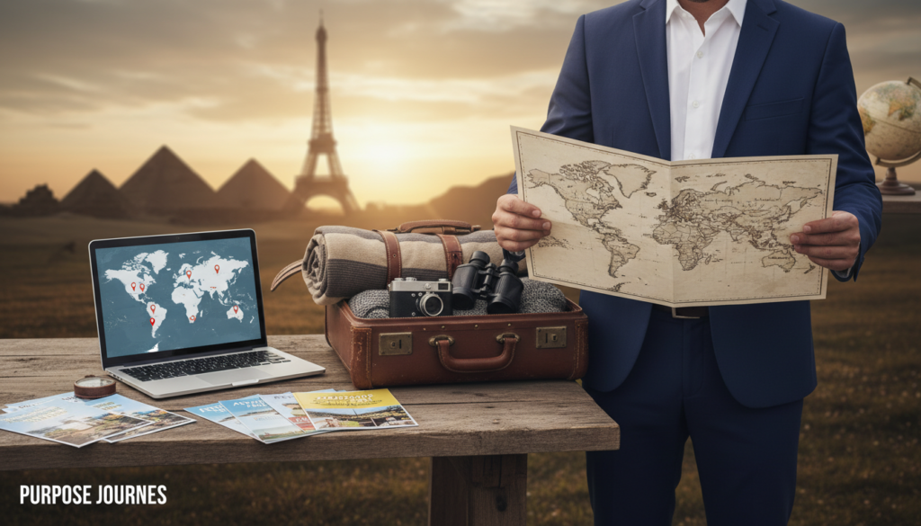 A serene travel-themed scene depicting a thoughtful traveler examining a detailed map, symbolizing purpose-driven journeys. In the foreground, the traveler, dressed in professional business attire, stands beside a vintage suitcase filled with travel essentials. The middle ground features a rustic wooden table adorned with travel brochures and a laptop displaying various destinations. In the background, a picturesque landscape unfolds, showcasing iconic landmarks bathed in warm sunset light, enhancing the atmosphere of exploration and personal growth. The image is captured from a slightly elevated angle, focusing on the interaction between the traveler and the travel materials, with soft, natural lighting creating an inviting and inspiring mood.