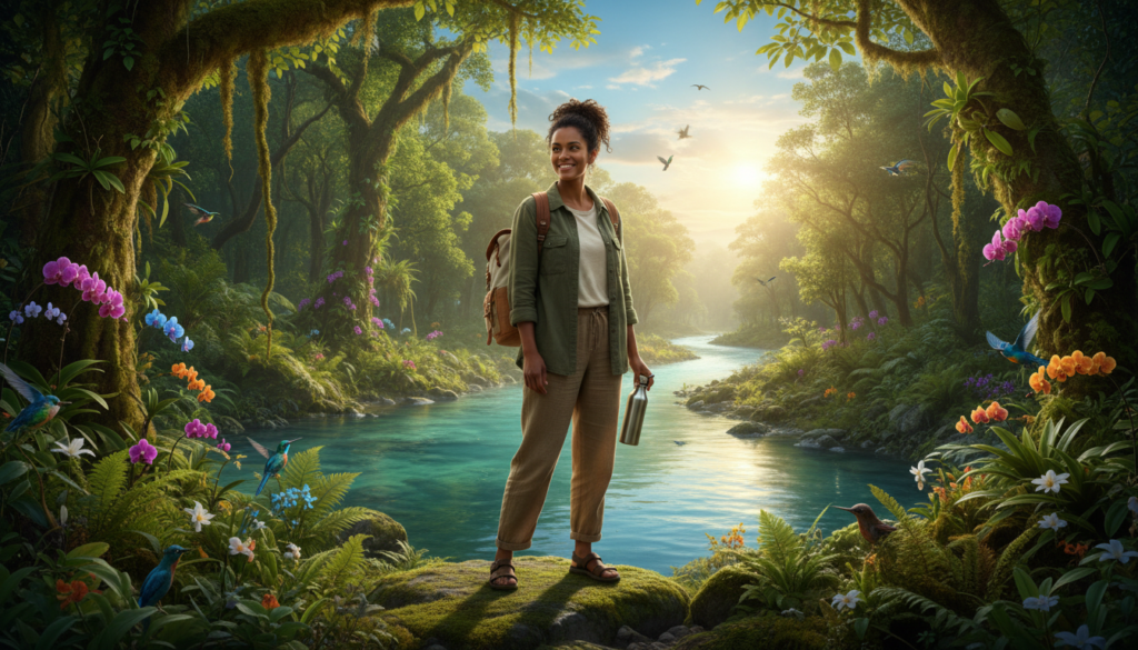 A sustainable traveler stands confidently in the foreground, dressed in modest casual clothing, holding a reusable water bottle and a small backpack made from eco-friendly materials. In the middle ground, a scenic view features a lush, vibrant rainforest with diverse flora, symbolizing nature conservation. In the background, there's a tranquil river with crystal-clear water, reflecting the sunny sky, while small birds flutter around, adding life to the environment. The lighting is warm and inviting, suggesting an early morning or late afternoon atmosphere, with soft rays illuminating the traveler. The composition captures a harmonious relationship between the traveler and the sustainable landscape, evoking a sense of responsibility and connection to nature. The overall mood is peaceful and inspiring, appealing to eco-conscious individuals.