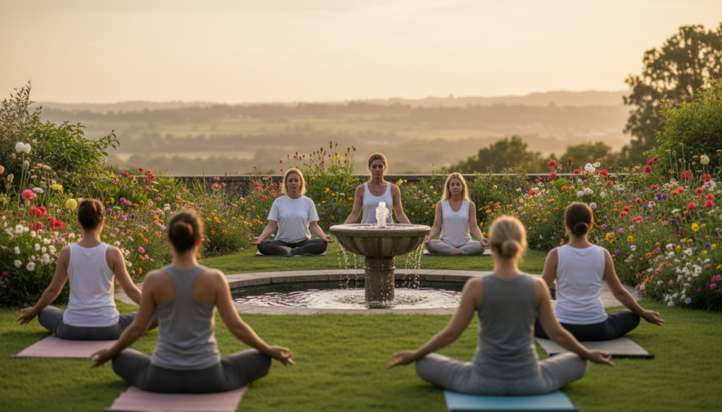 A tranquil wellness retreat showcasing diverse real-life examples of well-being. In the foreground, a serene spa scene features individuals dressed in modest casual clothing, practicing yoga in a lush garden filled with vibrant flowers and greenery. In the middle ground, wellness practitioners engage in meditation by a calming fountain, radiating peace and harmony. The background reveals a picturesque landscape with rolling hills and a soft sunset casting a warm golden glow. The scene is captured with a soft focus to enhance tranquility, using natural lighting to create a soothing atmosphere. Overall, the image conveys serenity, relaxation, and the transformative power of well-being tourism.
