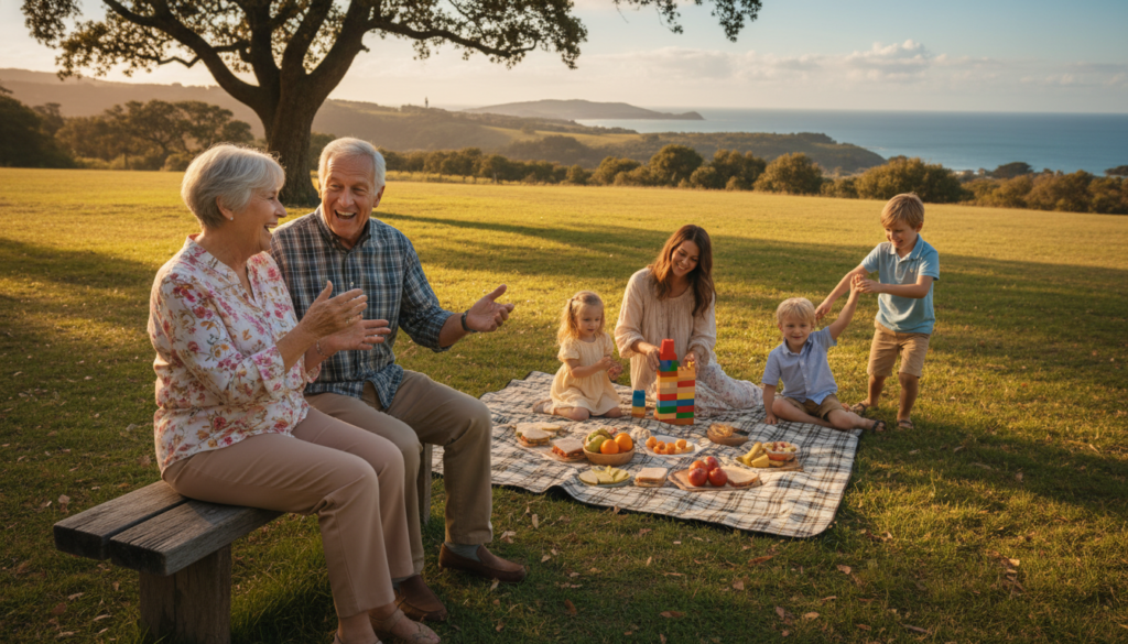 A vibrant and heartwarming scene depicting three generations of a family enjoying an intergenerational trip together. In the foreground, a cheerful elderly couple, dressed in modest casual clothing, are laughing and sharing stories with their adult children and playful grandchildren. The middle layer showcases the family engaging in a fun activity, like exploring a cultural landmark or enjoying a picnic in a scenic park. In the background, gently rolling hills or a beautiful coastal view enhances the atmosphere. Soft, warm light casts a golden hue, creating an inviting mood. The angle is slightly elevated, capturing the lively interaction among family members while emphasizing the generational connections. The overall scene conveys the joy and benefits of shared experiences in family travel.
