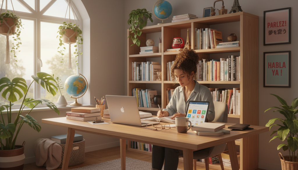 A vibrant and inviting study space featuring a person engaged in language learning. In the foreground, a young adult of diverse descent, sitting at a stylish wooden desk cluttered with language books, a laptop, and a tablet displaying language learning apps. The middle ground shows an organized bookshelf filled with dictionaries and language guides, highlighting various languages and cultures. In the background, a large window lets in warm, natural sunlight, illuminating the room and creating a cozy atmosphere. Potted plants and inspirational language posters add a touch of life and motivation. The overall mood is productive and focused, embodying a journey of language acquisition and practical tips for immersive learning experiences. The scene should reflect an aesthetic of modern learning environments, emphasizing creativity and engagement.