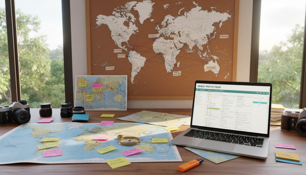 A vibrant and organized workspace for travel logistics planning, featuring a modern desk cluttered with maps, a laptop displaying travel itineraries, and colorful sticky notes labeled with destinations. In the foreground, a set of professional tools like a compass and highlighter add detail. The middle ground includes a wall-mounted world map with pins and strings connecting various locations, illustrating travel routes. The background shows a window with natural light streaming in, illuminating the scene and casting soft shadows. The atmosphere is dynamic yet focused, capturing the essence of meticulous travel planning in the context of an exciting photography tour in Brazil, and emphasizing organization and creativity in logistics.