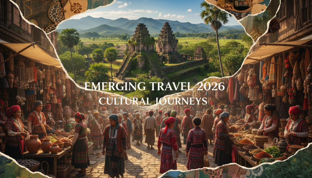 A vibrant collage of cultural and historical highlights from emerging travel destinations in 2026. In the foreground, showcase a bustling street market featuring local artisans selling handcrafted goods, with vendors dressed in traditional attire. In the middle ground, depict a beautifully preserved ancient architectural site, like a historic temple or fortress, surrounded by lush greenery. The background should display rolling hills or distant mountains under a clear blue sky, creating a sense of depth. Use warm, natural lighting to evoke a lively atmosphere, with soft shadows enhancing the texture of the market and architecture. Capture the scene from a slightly elevated angle to provide a comprehensive view, inviting the viewer to explore this cultural tapestry.