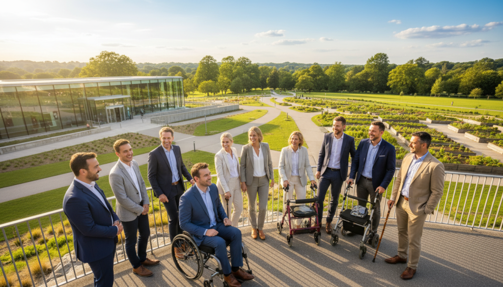 A vibrant, inviting scene depicting accessible tourist destinations. In the foreground, a diverse group of individuals in professional business attire enjoys a scenic viewpoint, showcasing mobility aids like wheelchairs and walking frames, emphasizing inclusivity. In the middle ground, a picturesque landscape unfolds with wide, flat pathways leading to accessible attractions such as a modern museum and a botanical garden, all designed with ramps and smooth surfaces. The background features a bright blue sky with fluffy clouds and a lush green park, creating a joyful and welcoming atmosphere. The sunlight bathes the scene in warm hues, enhancing the sense of positivity and accessibility. The composition is framed with a slight tilt, creating a dynamic perspective that guides the viewer’s eye through the landscape.