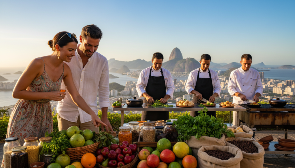 A vibrant, inviting scene of a diverse group of travelers enjoying a culinary journey in Brazil. In the foreground, a well-dressed couple examines exotic fruits and spices at a local market stall, surrounded by colorful produce and fragrant herbs. In the middle, chefs in professional attire prepare traditional Brazilian dishes, showcasing techniques with fresh ingredients. The background features iconic Brazilian landmarks, such as Sugarloaf Mountain, under a clear blue sky. Soft, warm sunlight bathes the scene, creating an inviting and lively atmosphere. The image conveys a sense of exploration and the joy of discovering new flavors, highlighting the essence of culinary tourism in Brazil. A vibrant, inviting scene of a diverse group of travelers enjoying a culinary journey in Brazil. In the foreground, a well-dressed couple examines exotic fruits and spices at a local market stall, surrounded by colorful produce and fragrant herbs. In the middle, chefs in professional attire prepare traditional Brazilian dishes, showcasing techniques with fresh ingredients. The background features iconic Brazilian landmarks, such as Sugarloaf Mountain, under a clear blue sky. Soft, warm sunlight bathes the scene, creating an inviting and lively atmosphere. The image conveys a sense of exploration and the joy of discovering new flavors, highlighting the essence of culinary tourism in Brazil.
