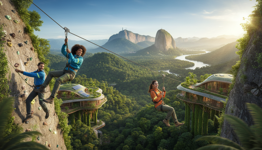 A vibrant landscape showcasing the future of adventure tourism in Brazil. In the foreground, a diverse group of three travelers, dressed in modern, casual adventure clothing, enthusiastically participates in activities like zip-lining and rock climbing. The middle ground features lush, green rainforest hills, perhaps with a futuristic touch—like eco-friendly structures merging into the environment. In the background, a dazzling view of iconic Brazilian destinations like the Amazon River and soaring cliffs under a bright, clear sky, with rays of sunlight filtering through. The atmosphere is energetic and exhilarating, capturing the thrill of outdoor exploration. The scene should be bright and inviting, with dynamic angles that enhance the sense of movement and adventure.