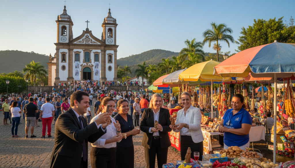 A vibrant scene capturing the economic and social impact of religious tourism in Brazil. In the foreground, a diverse group of four tourists in professional business attire, taking photographs and engaging with local vendors near a popular sanctuary. The middle ground features an iconic sanctuary, adorned with intricate architecture and surrounded by lush greenery, bustling with visitors. In the background, rolling hills and a clear blue sky enhance the atmosphere of reverence and exploration. Warm, golden lighting bathes the scene, suggesting a late afternoon setting. The lens focuses on the interaction between tourists and local culture, inviting viewers to appreciate the economic benefits of religious tourism as joyful moments unfold.