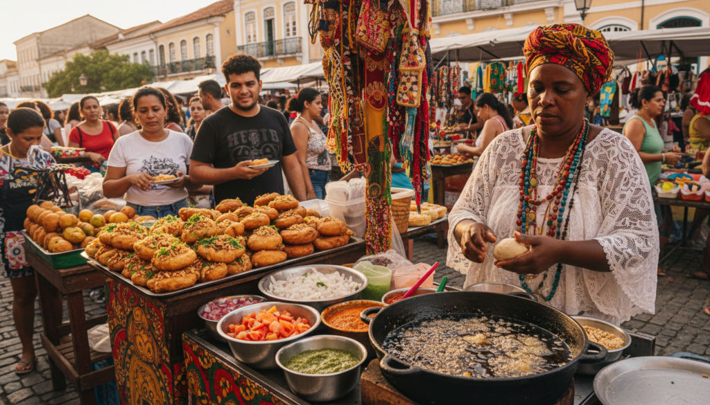 A vibrant street market scene in Salvador, Bahia, showcasing a beautifully arranged acarajé stall. In the foreground, a vendor, dressed in colorful traditional attire, expertly shapes the fried black-eyed pea balls, surrounded by fresh ingredients like tomatoes, onions, and spicy sauces. The middle ground features a wooden table laden with golden, crispy acarajé, garnished with shrimp and green herbs, capturing the essence of Brazilian street food. In the background, the bustling market is alive with local people enjoying the food, with traditional Bahian architecture and vibrant colors adding depth. Soft, warm sunlight cascades through the scene, creating a lively and inviting atmosphere, perfect for a culinary journey. The shot is taken from a slightly elevated angle to capture both the food and the bustling market ambiance. A vibrant street market scene in Salvador, Bahia, showcasing a beautifully arranged acarajé stall. In the foreground, a vendor, dressed in colorful traditional attire, expertly shapes the fried black-eyed pea balls, surrounded by fresh ingredients like tomatoes, onions, and spicy sauces. The middle ground features a wooden table laden with golden, crispy acarajé, garnished with shrimp and green herbs, capturing the essence of Brazilian street food. In the background, the bustling market is alive with local people enjoying the food, with traditional Bahian architecture and vibrant colors adding depth. Soft, warm sunlight cascades through the scene, creating a lively and inviting atmosphere, perfect for a culinary journey. The shot is taken from a slightly elevated angle to capture both the food and the bustling market ambiance.